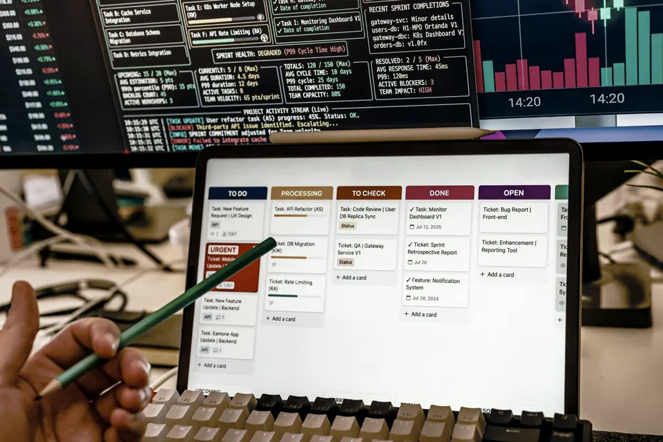 Paneles digitales con tareas, datos y métricas de gestión