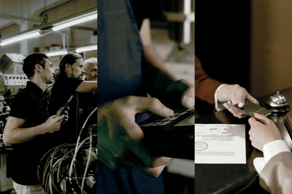 Tres escenas de industria, operación técnica y servicios